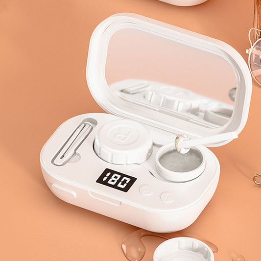 USB rechargeable ultrasonic contact lens cleaner with open lid, white device and circular cup