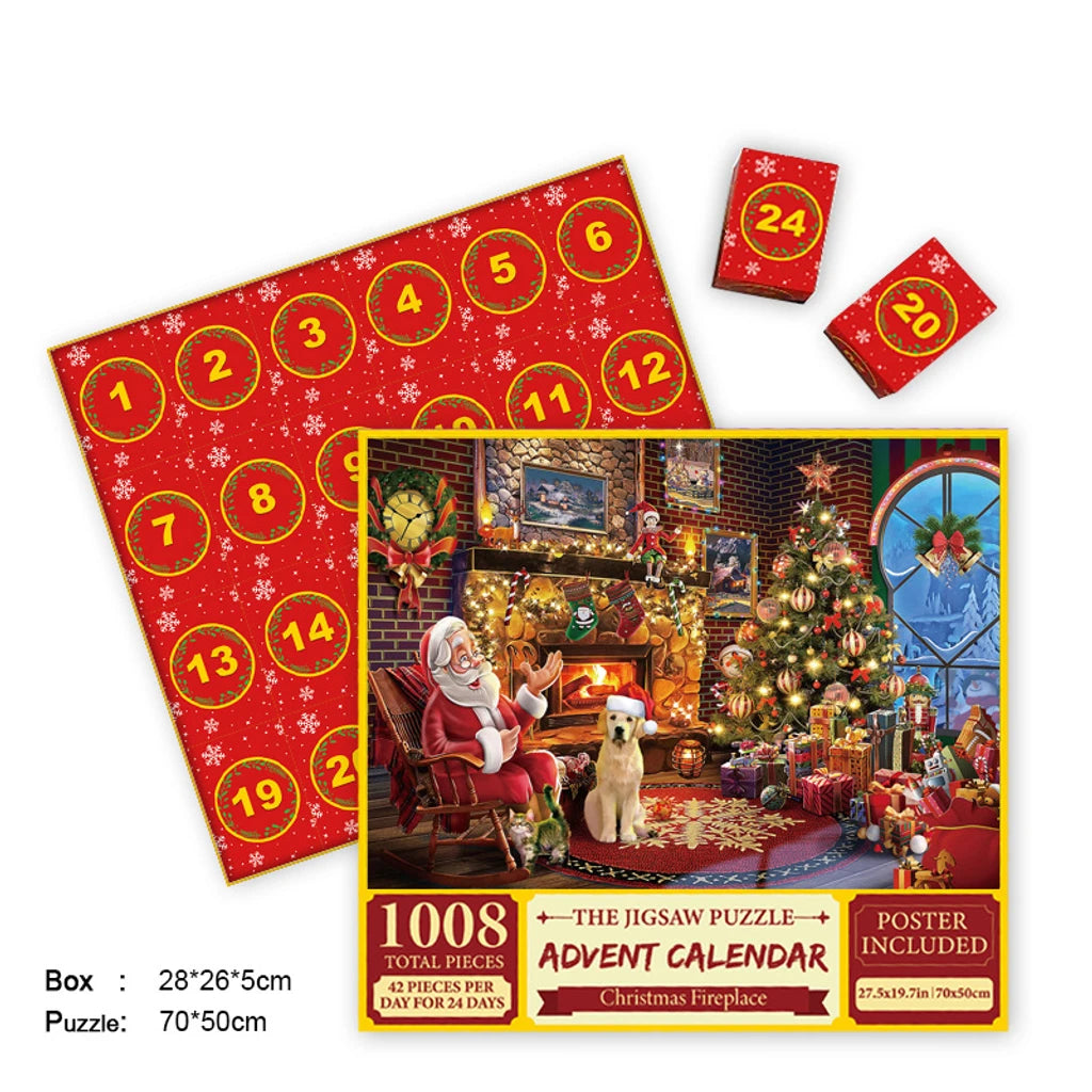 Jigsaw advent calendar puzzle set with red numbered board and cozy fireplace room box