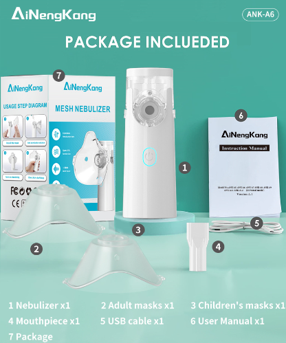 White mesh nebulizer device with face masks, USB cable, and instruction manual set.