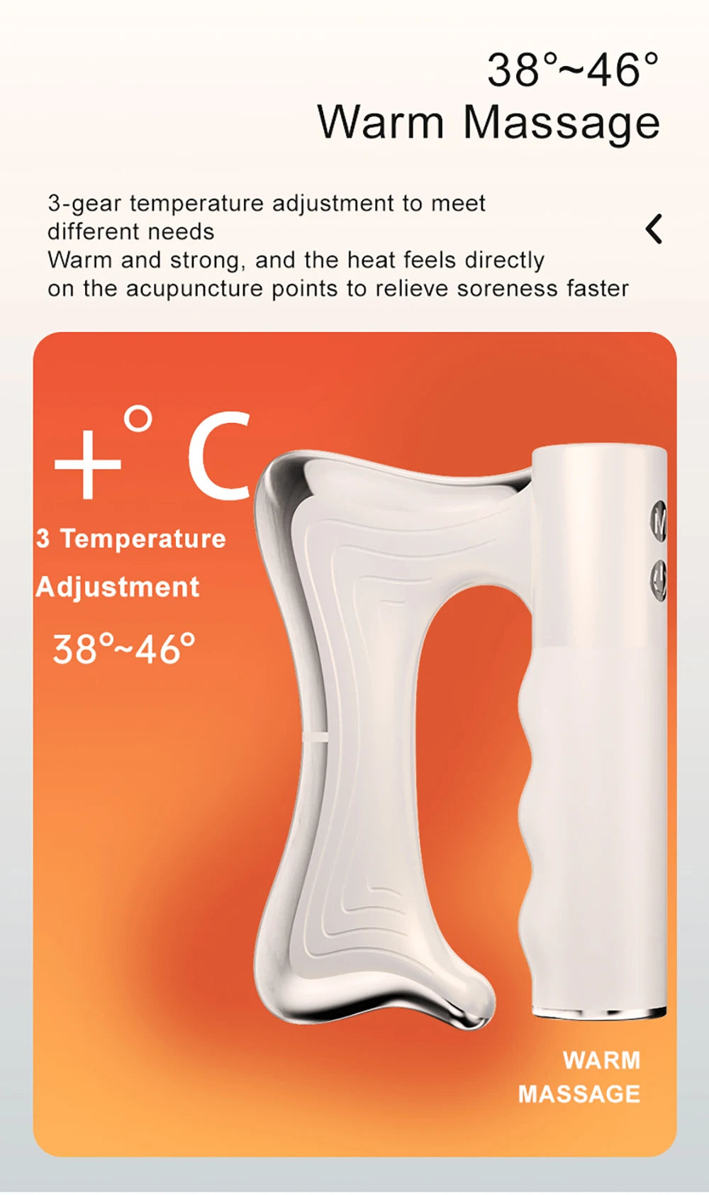 White heated massage tool with 3 temperature levels displayed on panel