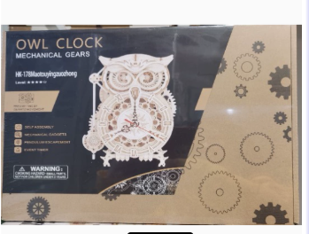 DIY wooden mechanical owl clock kit packaging with gear puzzle design