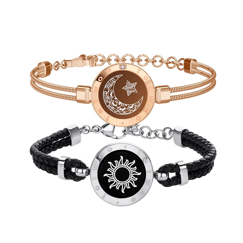 Couples smart bracelet set with rose-gold moon dial and black sun dial, rose and black chain bands
