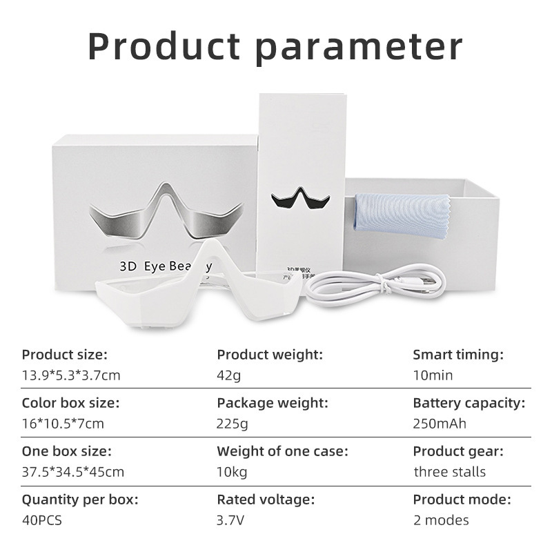 White eye massager with bundled cable and accessory pieces shown in package