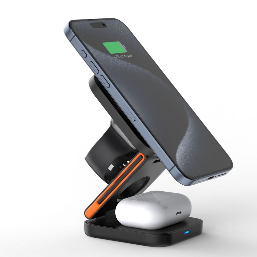 Wireless charger stand with angled phone cradle and earbuds slot, dark gray with orange trim.