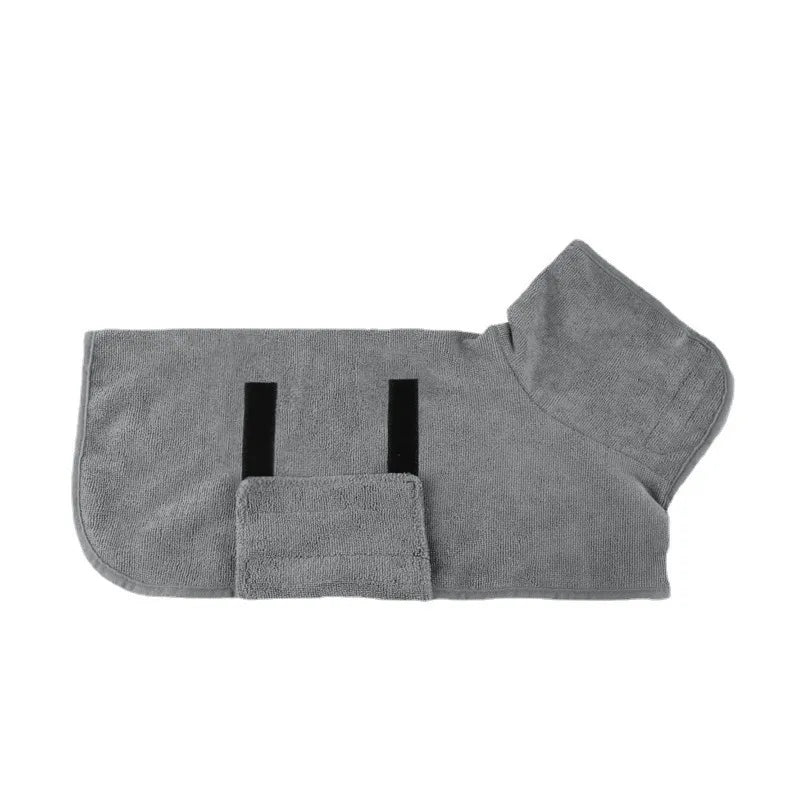 Grey dog drying robe towel with hood and two black fastening straps