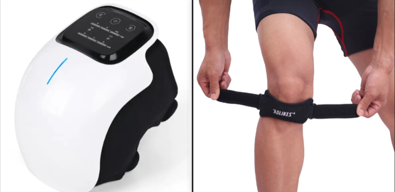 Electric knee massager with adjustable knee wrap, white device and hands fitting strap