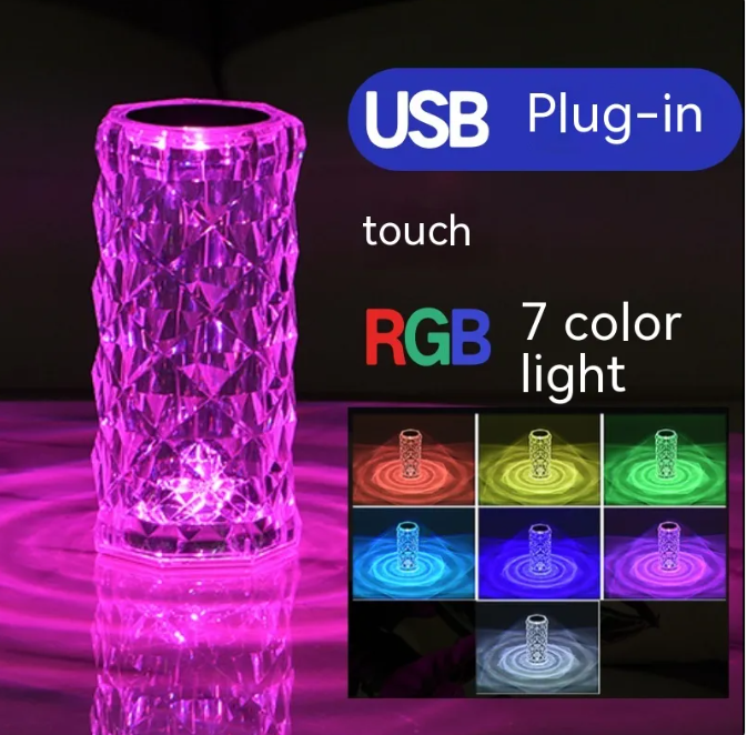 Pink faceted crystal rose LED night light, cylindrical crystal glass pattern