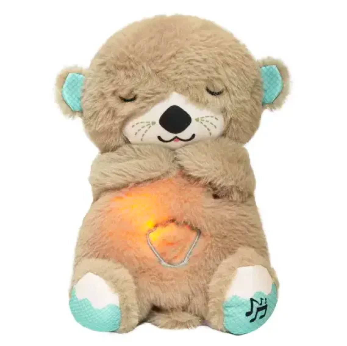 Tan plush bear sleep aid with blue ear accents and glowing orange heart panel on belly