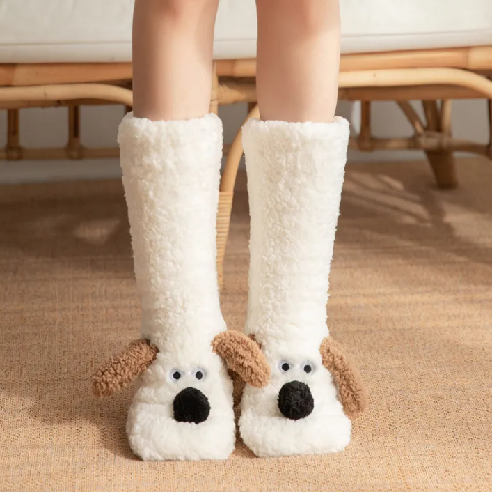 Women’s plush dog socks in white with brown dog ears and black nose