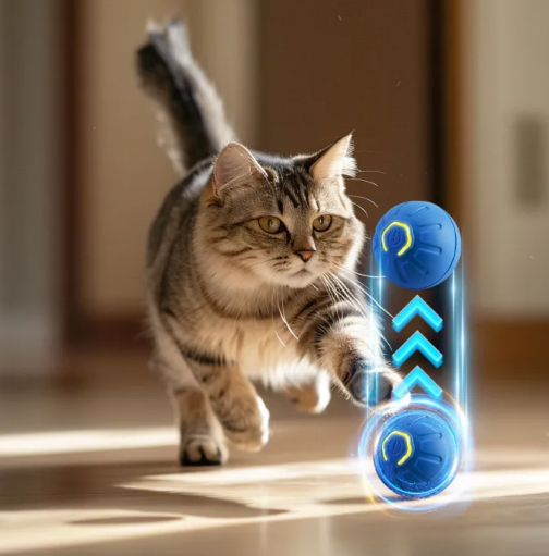 Smart pet toy ball, blue with glowing pads, pushed by a tabby cat