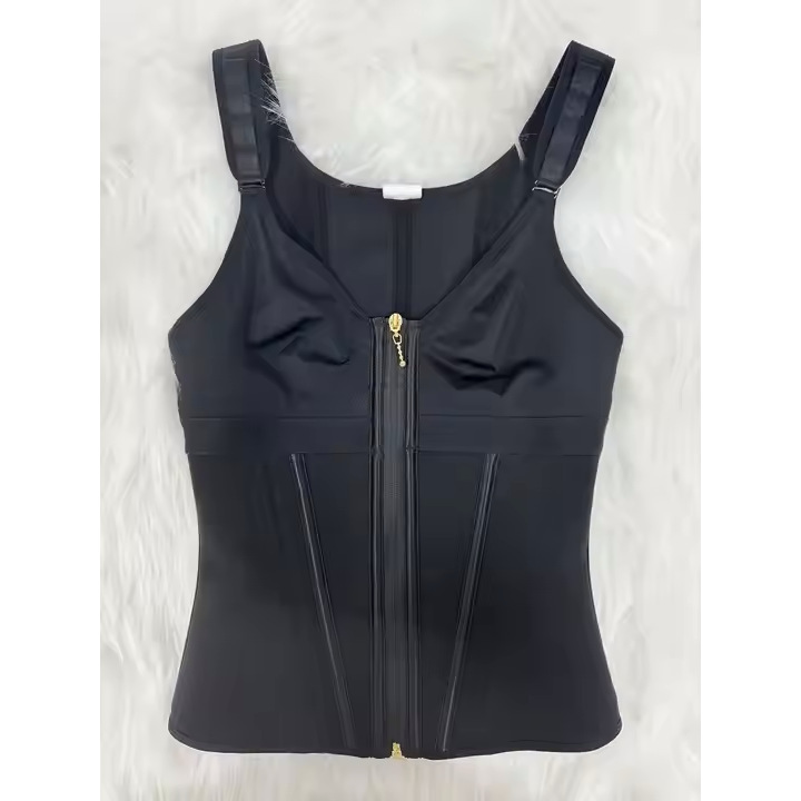 Black mesh waist shapewear corset with front zipper, wide straps, and panel stitching