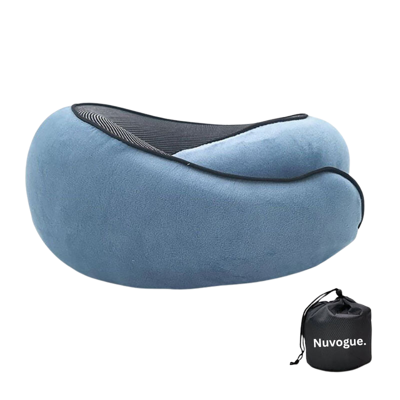 Sky blue ergonomic travel neck pillow with contoured neck support and dark trim