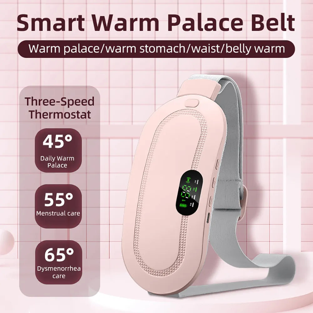 Pink electric heating belt on a gray support strap with inline control panel on pad