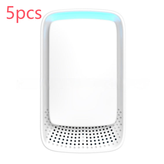 White plug-in air purifier with blue LED top frame and rounded perforated vent