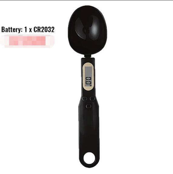 Black digital measuring spoon scale with LCD display and round scoop