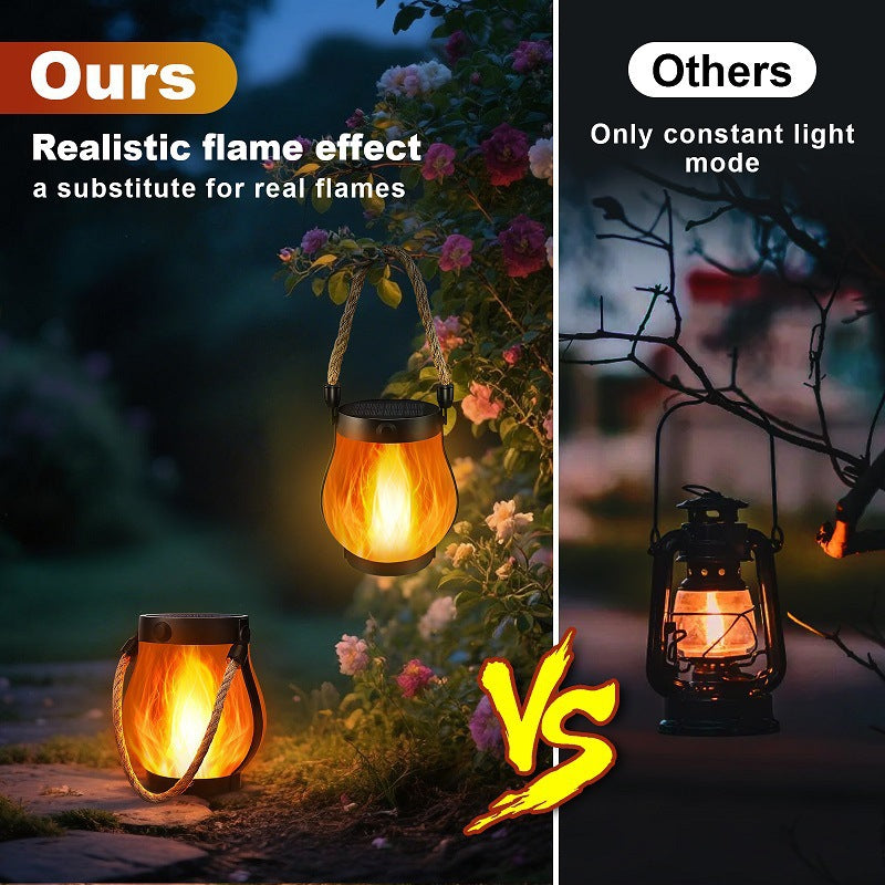 Solar flame-effect lantern with realistic flickering flame LED glow and rope handle