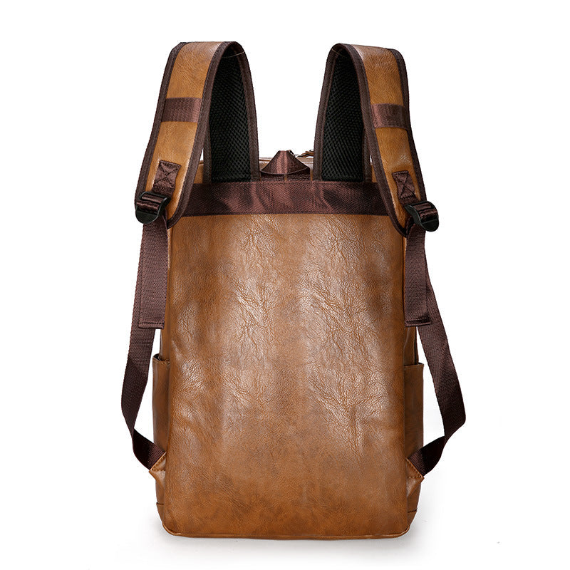 Brown PU leather backpack back view with two shoulder straps