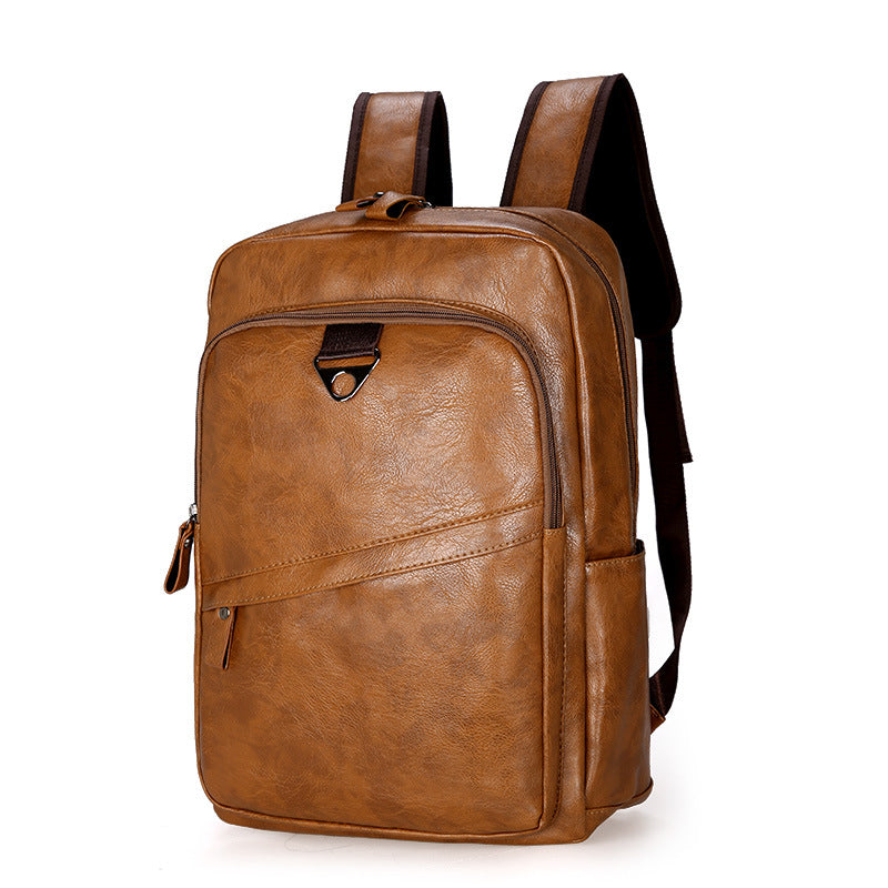 Brown PU leather backpack with front flap pocket and top handle strap