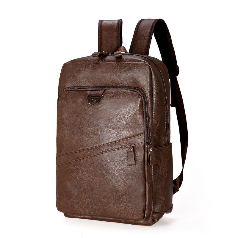 Brown PU leather backpack with front zip pocket and adjustable shoulder straps