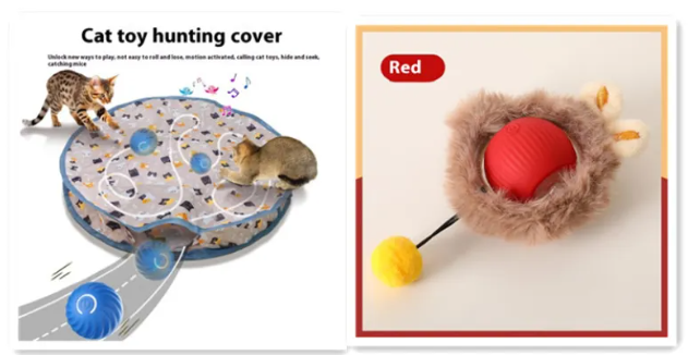 Self-rolling plush cat toy ball with red inner shell, beige fur cover, and yellow charm