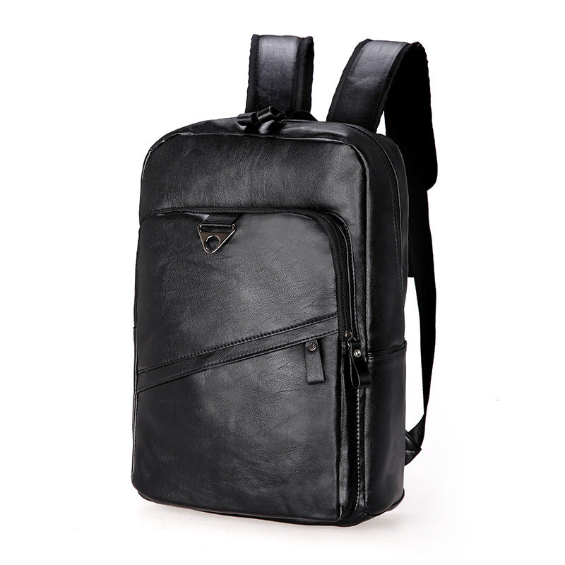 Black PU leather backpack with front zip pocket and adjustable shoulder straps