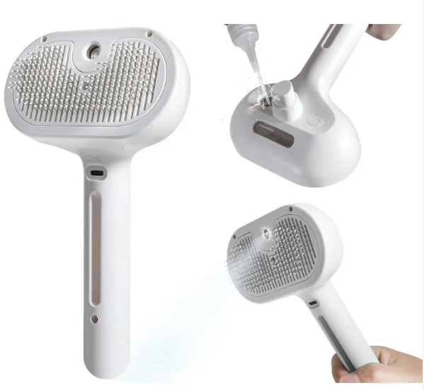 White grooming spray brush with pin-bristle head and built-in spray nozzle