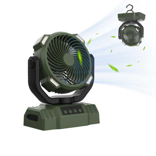 Portable rechargeable camping fan with power bank, dark green body and front LED