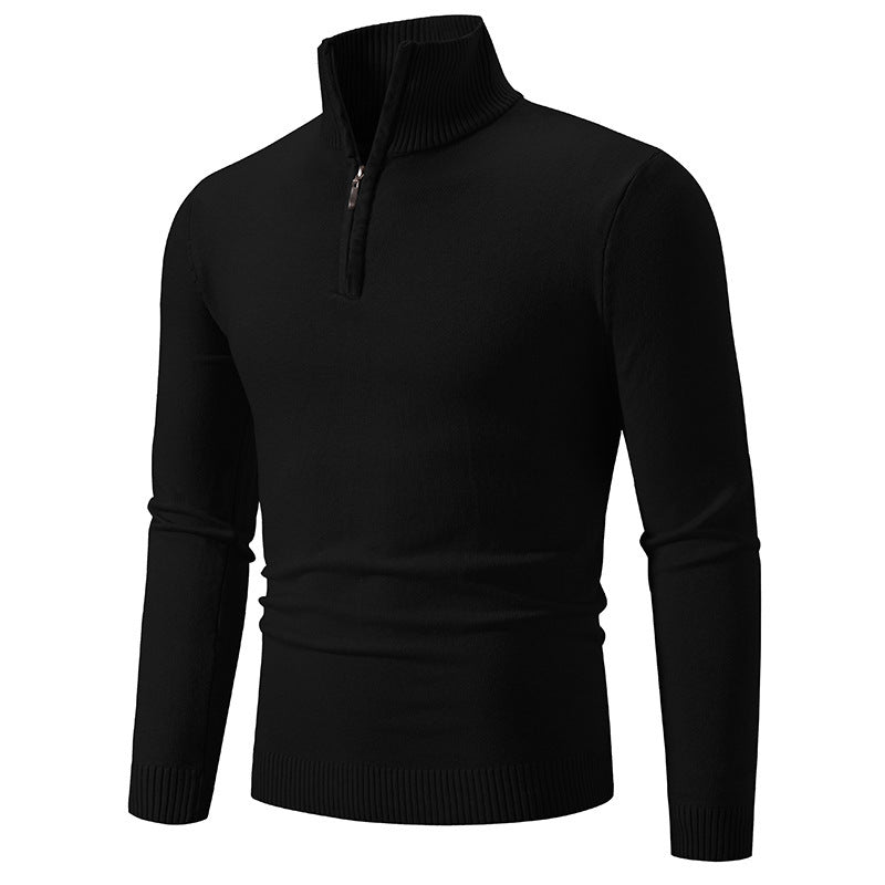 Men's fleece zip mock neck pullover sweater, black, long sleeves with ribbed cuffs.