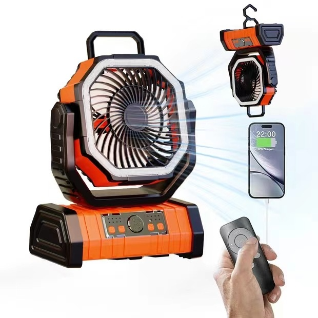 Orange portable camping fan with power bank, remote control and phone charge screen