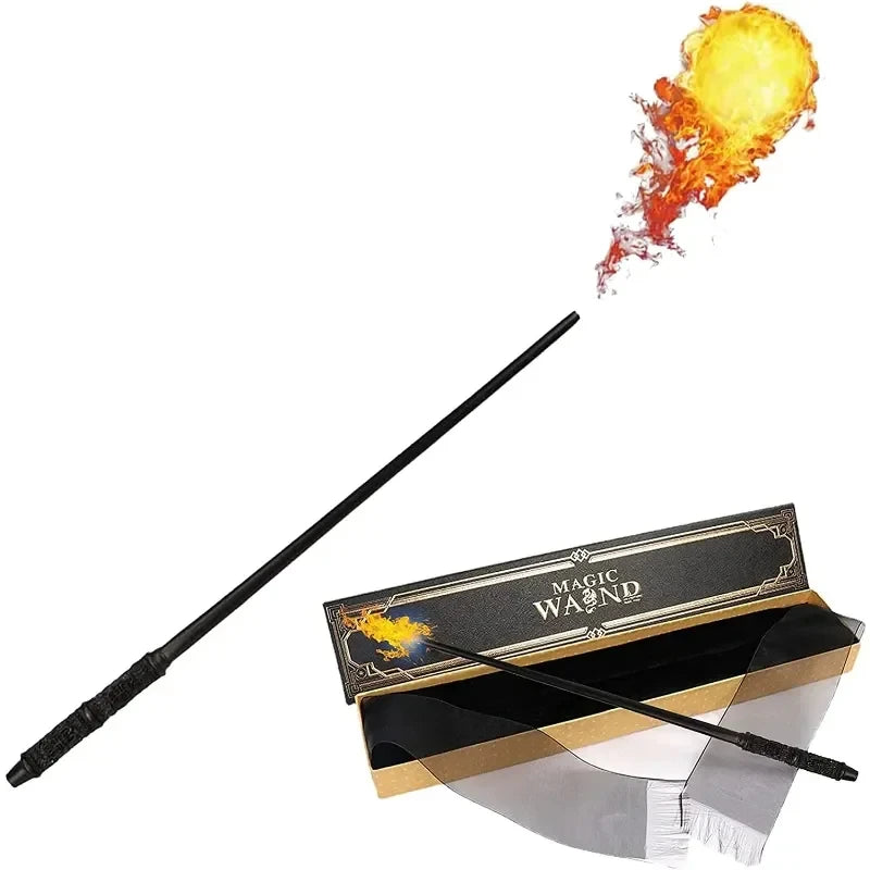 Magic wand toy with dark wand and flame effect, shown in its gift box packaging