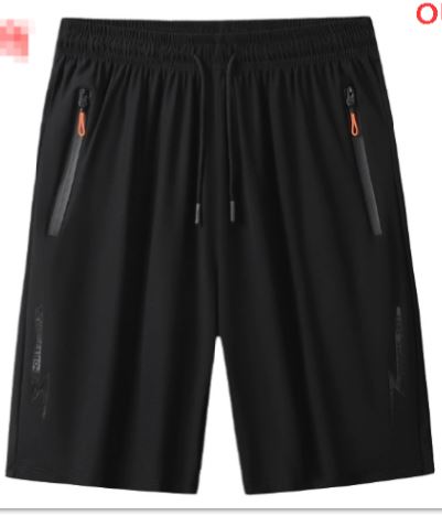 Black athletic shorts close-up showing elastic waistband, drawstring, and zip side pockets