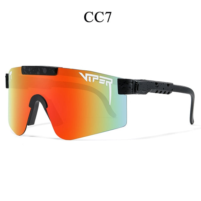 Women’s sport sunglasses with orange-red mirrored lens and speckled black frame temples