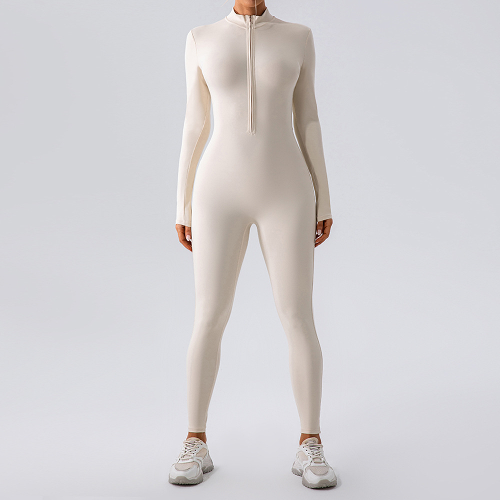 Women’s fleece-lined yoga jumpsuit in light beige, front zip long sleeves