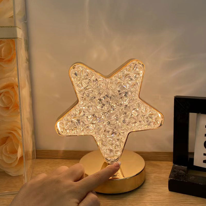 Star-shaped acrylic night lamp with crystal-like LED pattern on round base