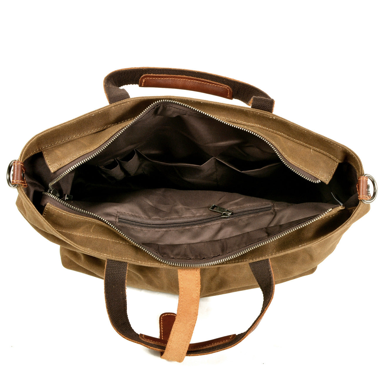 Large canvas tote bag open top with visible interior and dual metal zipper pull tabs