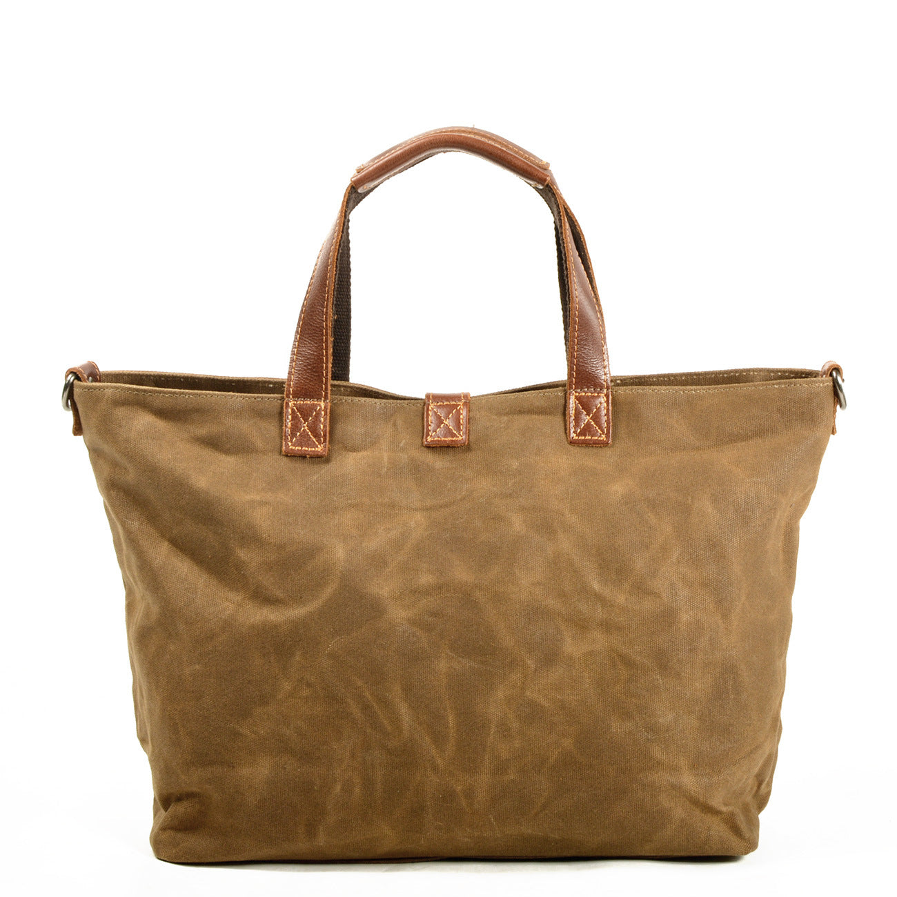 Large canvas tote bag with leather handles and front hanging strap detail