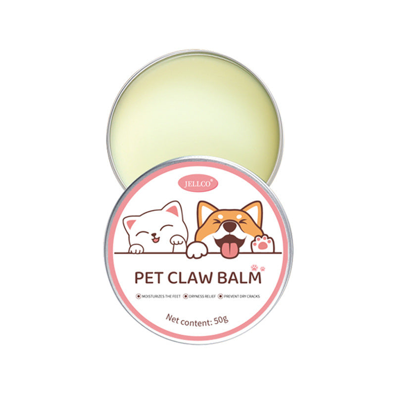 Pet paw balm cream tin with round lid label and exposed pale yellow balm