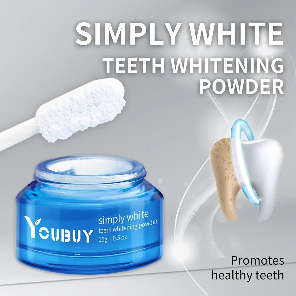 Teeth whitening powder with blue jar, white applicator strip, and tooth