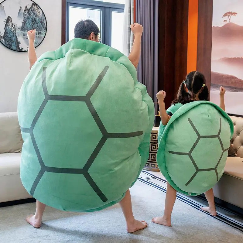 Green turtle shell wearable pillow, large and small worn as round back wraps, plush