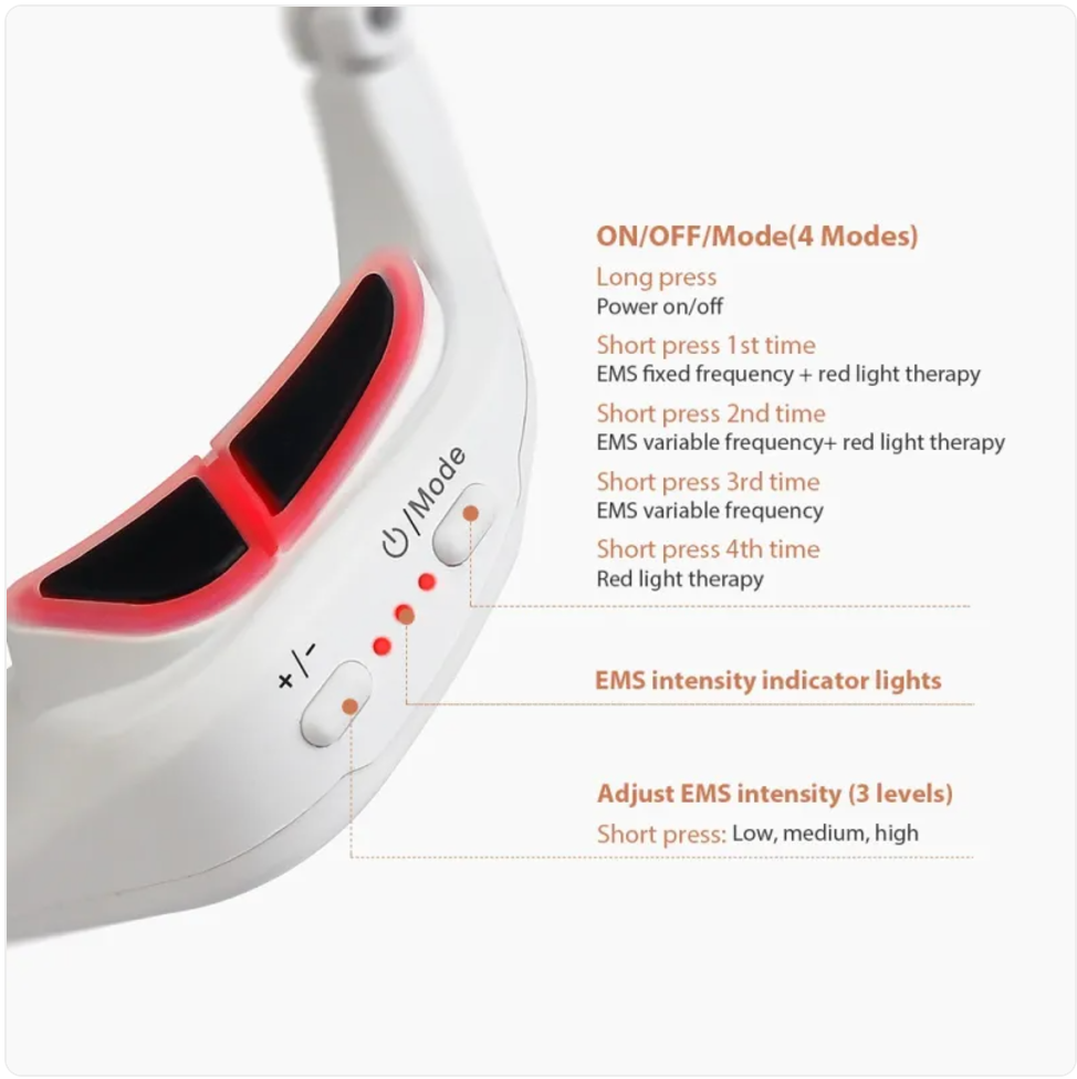 White eye massager handle with red light panels and mode buttons