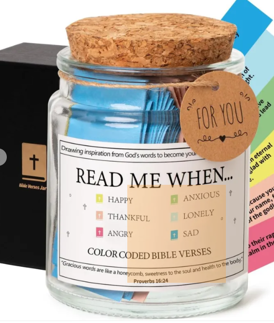 Glass jar with cork lid and 'FOR YOU' tag, 'Read me when' color-coded verse cards.