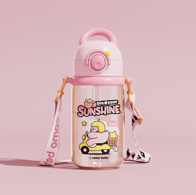 Kids whale water bottle, pink sippy cup with dinosaur sunshine graphic and carry strap