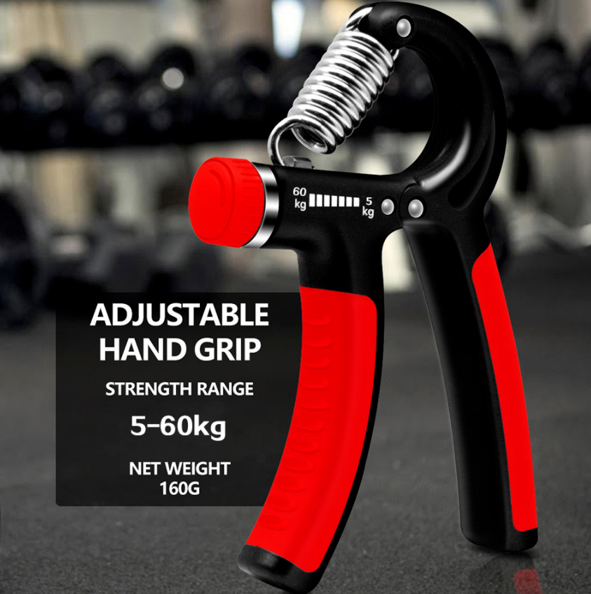 Adjustable hand grip strength trainer with black body, red grip pads, coiled steel spring