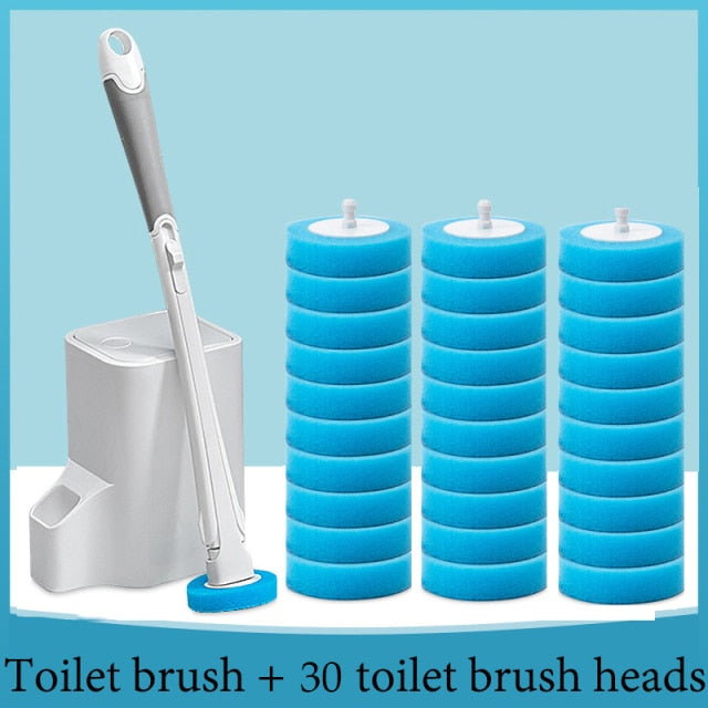 Toilet brush set with white stand, silver handle, and 30 blue replacement heads
