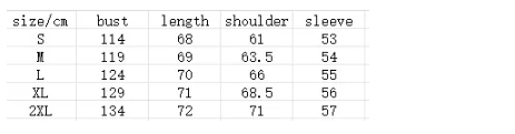 Men's jacket size chart with bust, length, shoulder, sleeve measurements