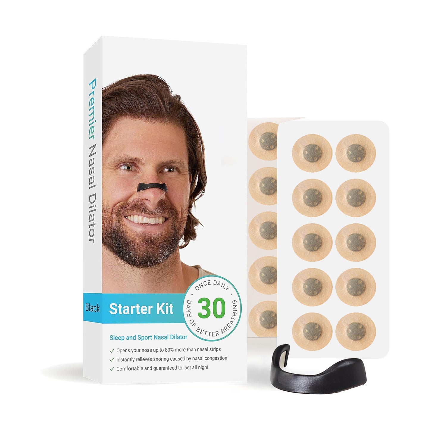 Magnetic nasal dilator starter kit box with patch sheets and black support piece