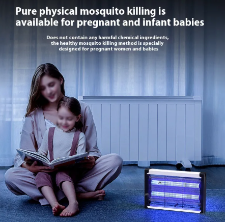Electric fly and mosquito killer lamp with blue UV light near a living room couch