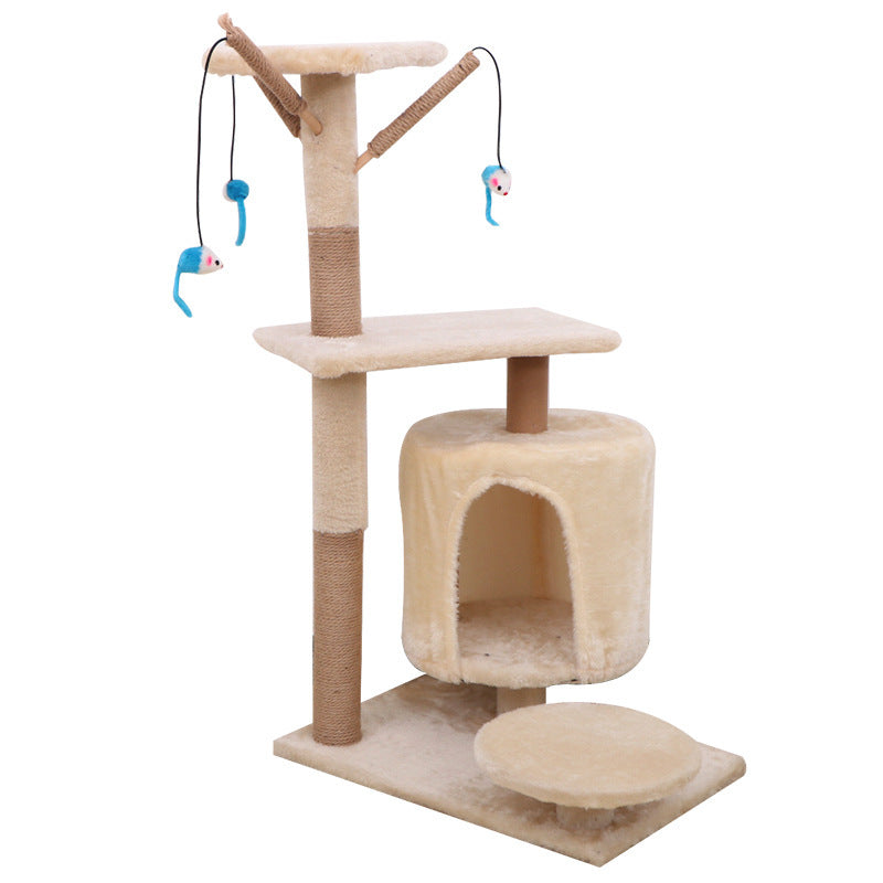 Sisal cat scratching climber with two posts, enclosed cubby, and three-tier perches