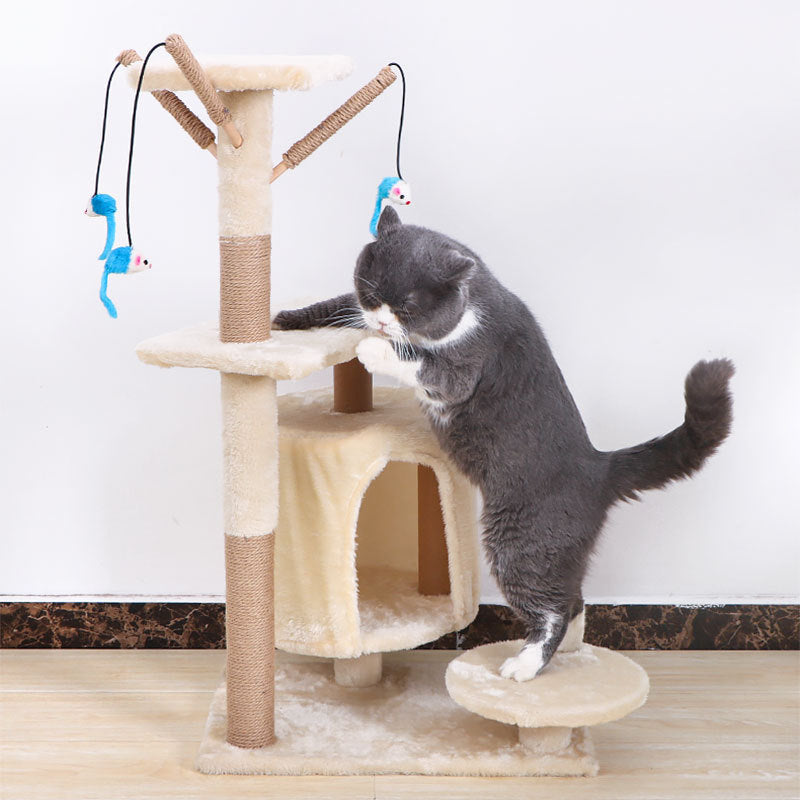 Sisal cat scratching climber with plush platforms, vertical post, and hanging mouse toys