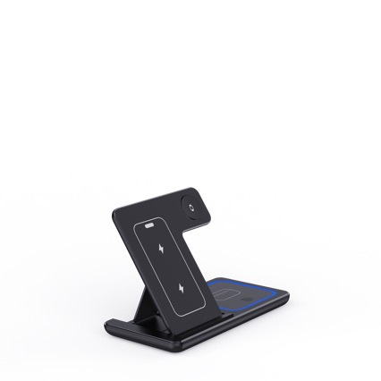 Wireless 3-in-1 charging stand, phone holder on black base with blue charging pad